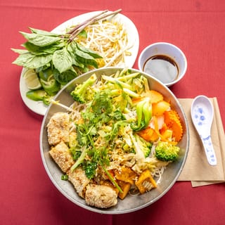 Bún Chay (Sautéed Vegetables & Tofu w/ Veg Egg Rolls)