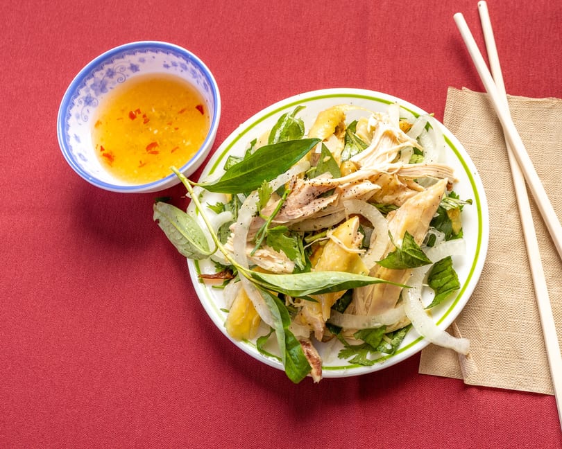 Vietnamese chicken salad with herbs, onions, and a side of chili lime dressing on a red tablecloth.
