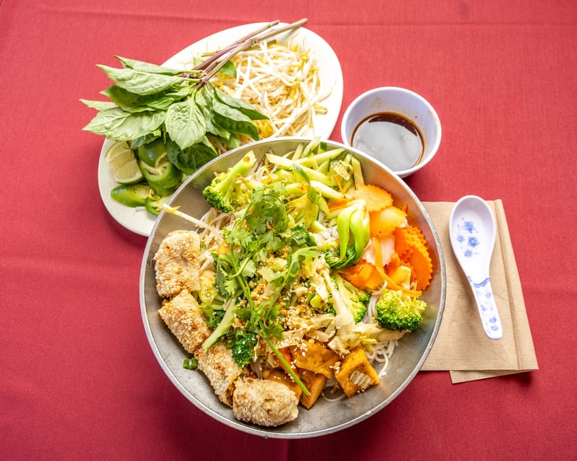 A colorful vegan noodle bowl with crispy spring rolls, tofu, and fresh vegetables on a red tablecloth.